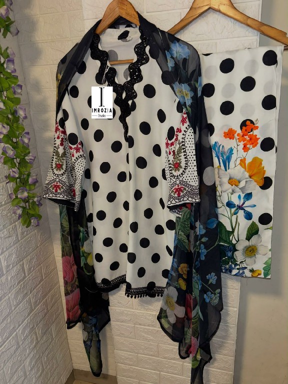 IMROZIA D.NO 501-502 WHOLESALE READYMADE IMPORTED SATIN POLKA DOTS DESIGN 3 PCS SUITS EXPORTER