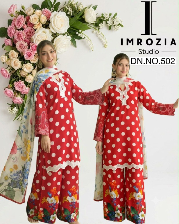 IMROZIA D.NO 501-502 WHOLESALE READYMADE IMPORTED SATIN POLKA DOTS DESIGN 3 PCS SUITS EXPORTER