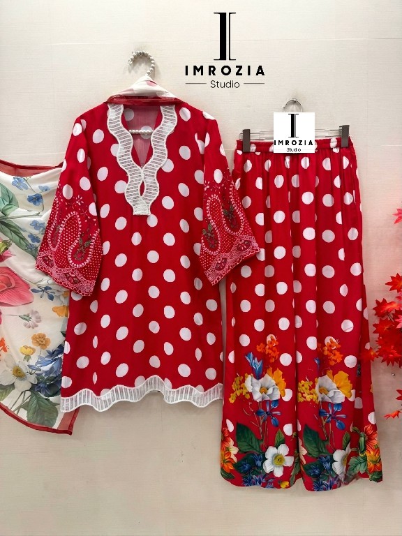 IMROZIA D.NO 501-502 WHOLESALE READYMADE IMPORTED SATIN POLKA DOTS DESIGN 3 PCS SUITS EXPORTER