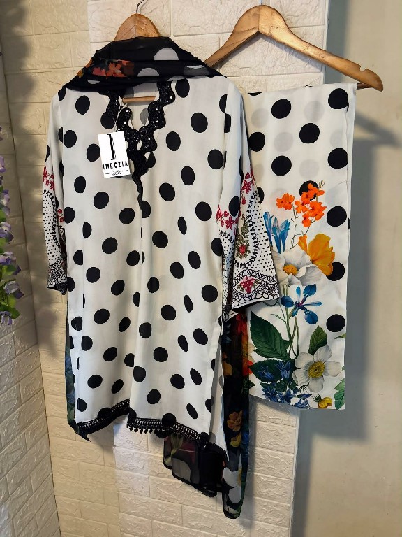 IMROZIA D.NO 501-502 WHOLESALE READYMADE IMPORTED SATIN POLKA DOTS DESIGN 3 PCS SUITS EXPORTER