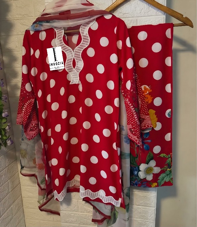 IMROZIA D.NO 501-502 WHOLESALE READYMADE IMPORTED SATIN POLKA DOTS DESIGN 3 PCS SUITS EXPORTER