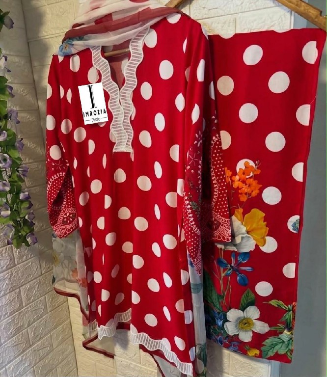 IMROZIA D.NO 501-502 WHOLESALE READYMADE IMPORTED SATIN POLKA DOTS DESIGN 3 PCS SUITS EXPORTER