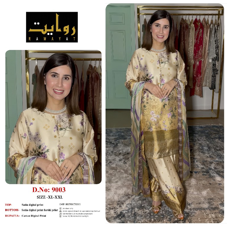 RAWAYAT D.NO 9003-9006-9013-9027 TO 9030 WHOLESALE READYMADE SATIN DIGITAL PRINTED BEAUTIFUL 3 PCS SUITS SUPPLIER