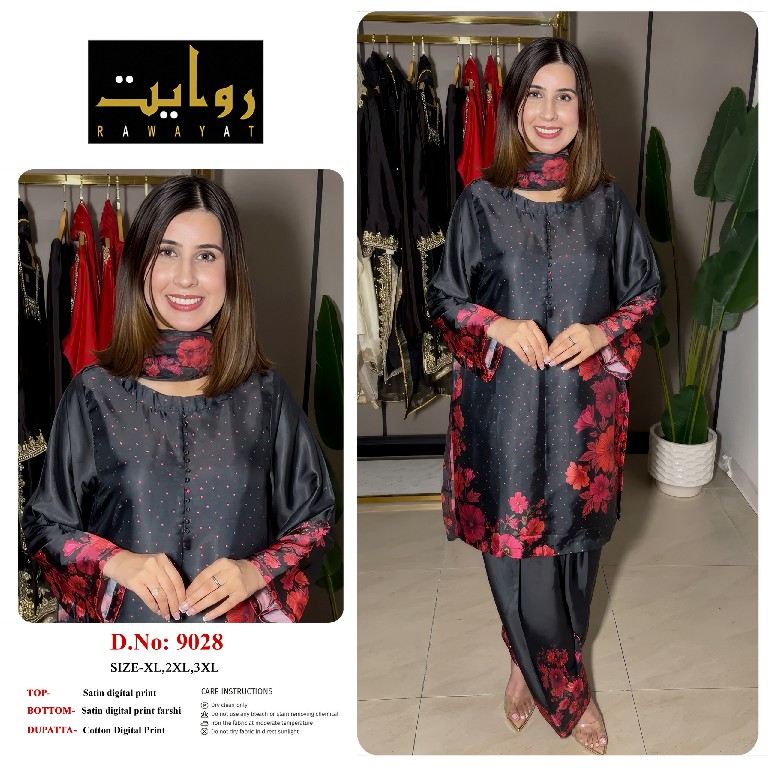 RAWAYAT D.NO 9003-9006-9013-9027 TO 9030 WHOLESALE READYMADE SATIN DIGITAL PRINTED BEAUTIFUL 3 PCS SUITS SUPPLIER