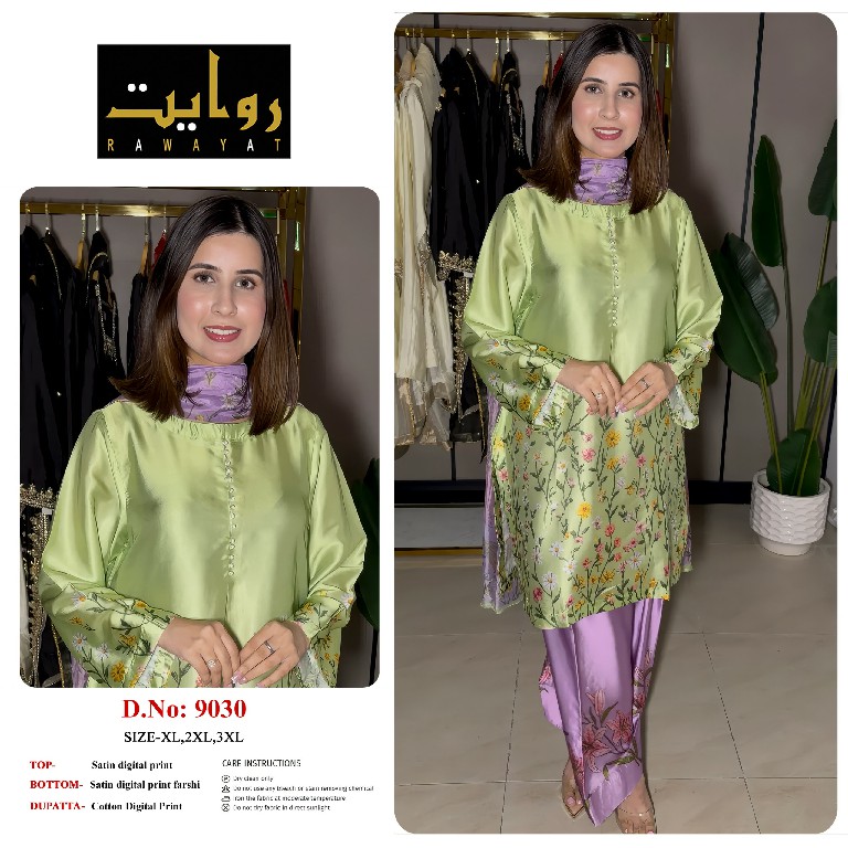 RAWAYAT D.NO 9003-9006-9013-9027 TO 9030 WHOLESALE READYMADE SATIN DIGITAL PRINTED BEAUTIFUL 3 PCS SUITS SUPPLIER