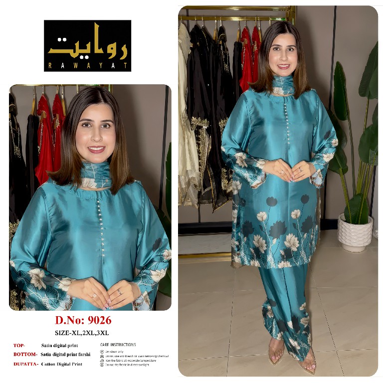 RAWAYAT D.NO 9003-9006-9013-9027 TO 9030 WHOLESALE READYMADE SATIN DIGITAL PRINTED BEAUTIFUL 3 PCS SUITS SUPPLIER