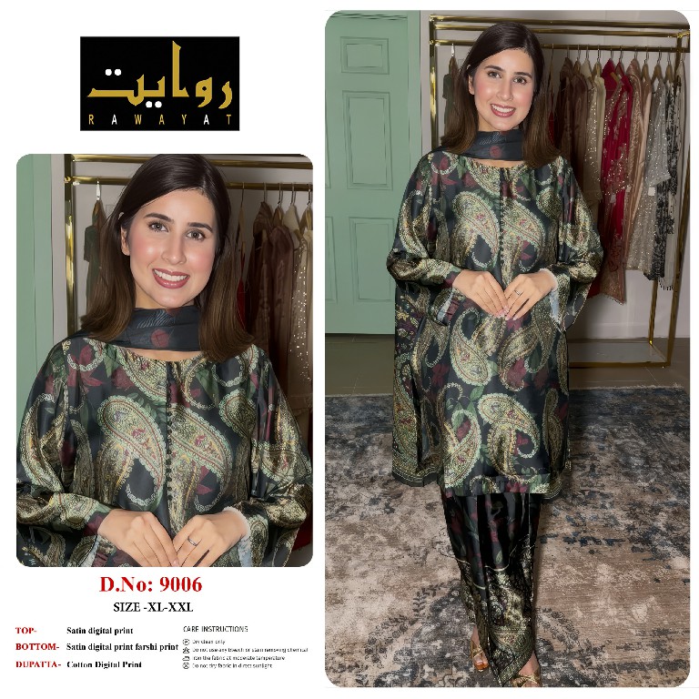 RAWAYAT D.NO 9003-9006-9013-9027 TO 9030 WHOLESALE READYMADE SATIN DIGITAL PRINTED BEAUTIFUL 3 PCS SUITS SUPPLIER
