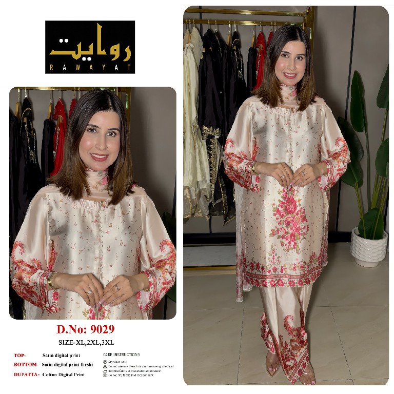 RAWAYAT D.NO 9003-9006-9013-9027 TO 9030 WHOLESALE READYMADE SATIN DIGITAL PRINTED BEAUTIFUL 3 PCS SUITS SUPPLIER