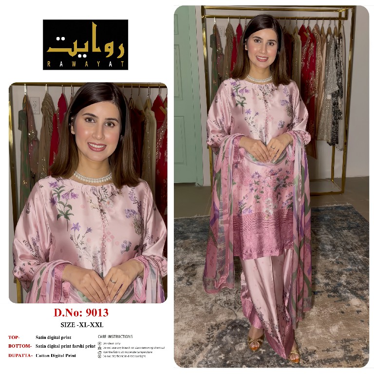 RAWAYAT D.NO 9003-9006-9013-9027 TO 9030 WHOLESALE READYMADE SATIN DIGITAL PRINTED BEAUTIFUL 3 PCS SUITS SUPPLIER