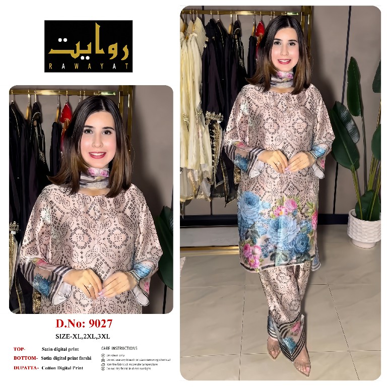 RAWAYAT D.NO 9003-9006-9013-9027 TO 9030 WHOLESALE READYMADE SATIN DIGITAL PRINTED BEAUTIFUL 3 PCS SUITS SUPPLIER