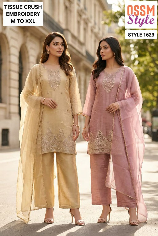 OSSM STYLE D.NO 1620 TO 1625 WHOLESALE READYMADE SALSA SILK  WITH BEADS WORK 3 PCS COMBO SET SUITS EXPORTER