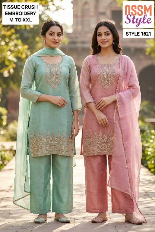 OSSM STYLE D.NO 1620 TO 1625 WHOLESALE READYMADE SALSA SILK  WITH BEADS WORK 3 PCS COMBO SET SUITS EXPORTER