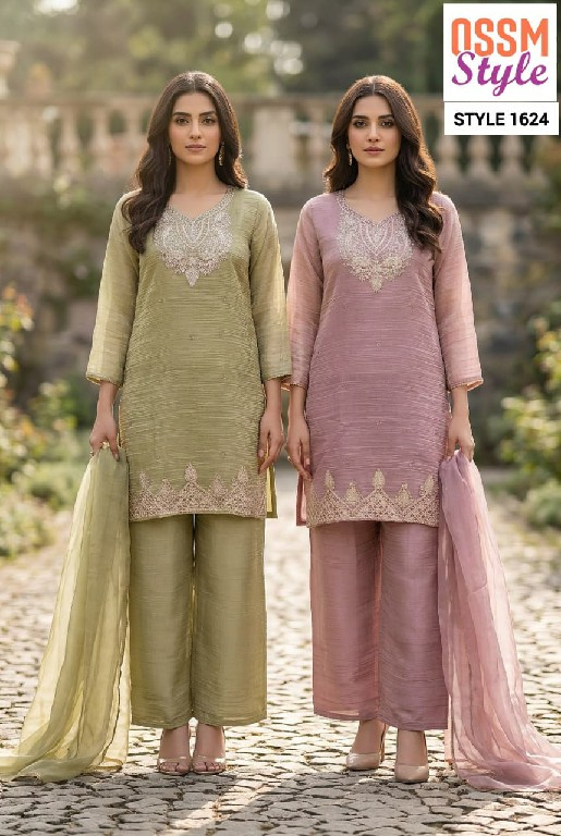 OSSM STYLE D.NO 1620 TO 1625 WHOLESALE READYMADE SALSA SILK  WITH BEADS WORK 3 PCS COMBO SET SUITS EXPORTER