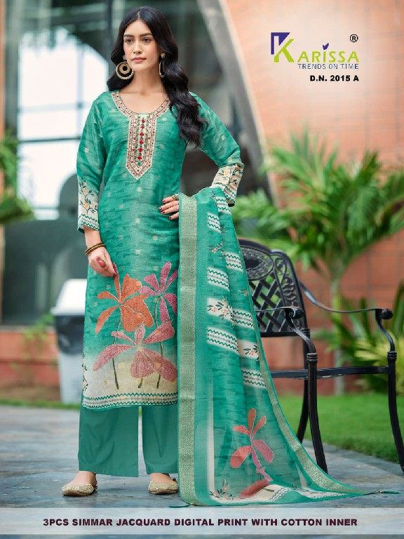 KARISSA D.NO 2015 TO 2019 WHOLESALE READYMADE PURE SOFT SIMMER JACQUARD FABULOUS DESIGN 3 PCS SUITS EXPORTER