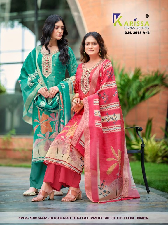 KARISSA D.NO 2015 TO 2019 WHOLESALE READYMADE PURE SOFT SIMMER JACQUARD FABULOUS DESIGN 3 PCS SUITS EXPORTER
