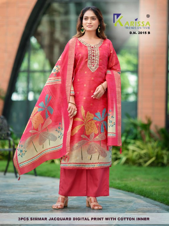 KARISSA D.NO 2015 TO 2019 WHOLESALE READYMADE PURE SOFT SIMMER JACQUARD FABULOUS DESIGN 3 PCS SUITS EXPORTER