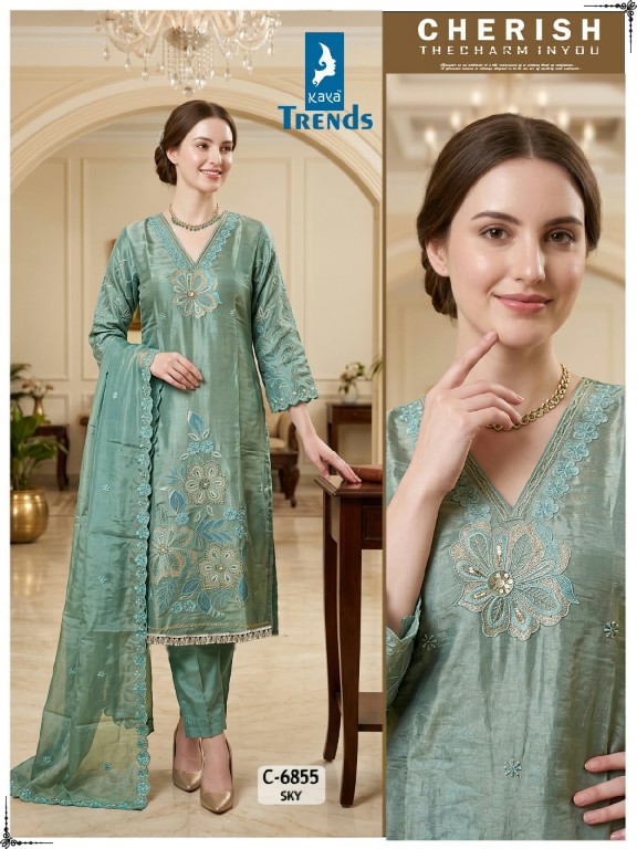 KAYA D.NO 6855 WHOLESALE READYMADE TISSUE SIMMER HAND WORK 3 PCS COMBO SET SUITS FOR EXPORT