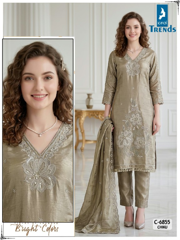 KAYA D.NO 6855 WHOLESALE READYMADE TISSUE SIMMER HAND WORK 3 PCS COMBO SET SUITS FOR EXPORT