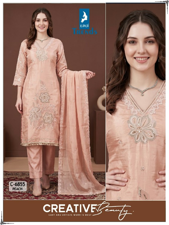 KAYA D.NO 6855 WHOLESALE READYMADE TISSUE SIMMER HAND WORK 3 PCS COMBO SET SUITS FOR EXPORT