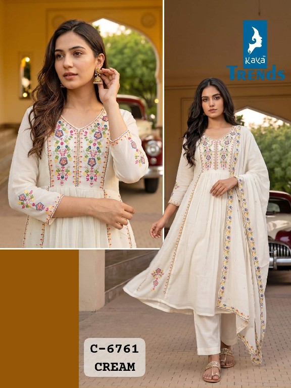 KAYA D.NO 6761 WHOLESALE READYMADE MUL CHANDERI BIG SIZE A LINE CUT 3 PCS COMBO SET SUITS EXPORTER