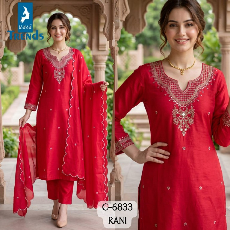 KAYA D.NO 6883 WHOLESALE READYMADE ROMAN SILK SEQUENCE WORK 3 PCS COMBO SET SUITS SUPPLIER