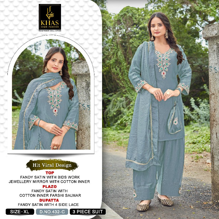 KHAS D.NO 432 WHOLESALE READYMADE FANDY SATIN FARSHI SALWAR STYLE 3 PCS COMBO SET SUITS EXPORTER