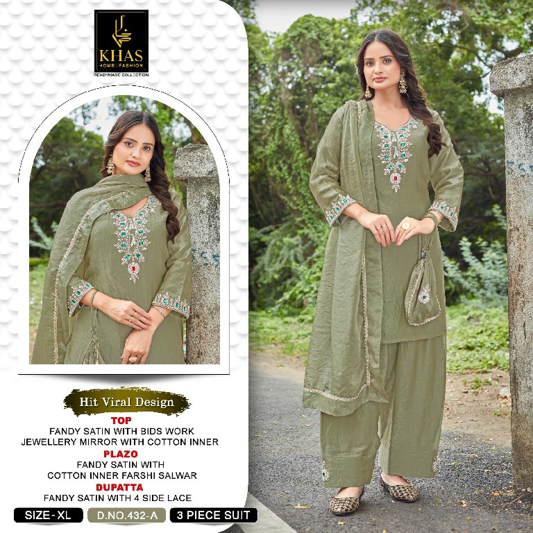 KHAS D.NO 432 WHOLESALE READYMADE FANDY SATIN FARSHI SALWAR STYLE 3 PCS COMBO SET SUITS EXPORTER