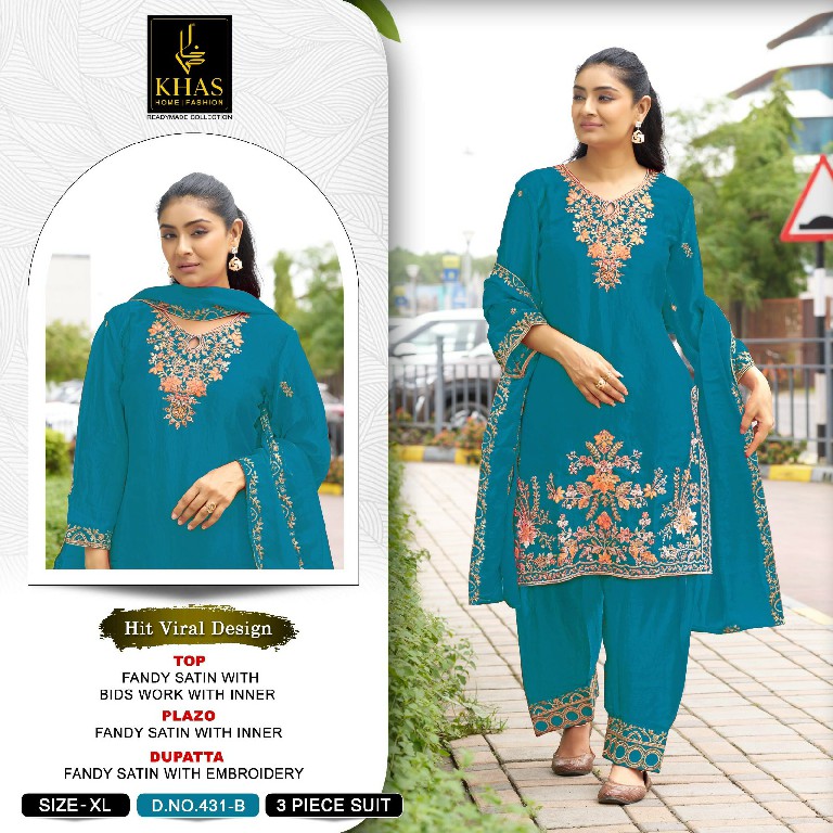 KHAS D.NO 431 WHOLESALE FANDY SATIN WITH BEAUTIFUL WORK FULLY STITCHED 3 PCS SUITS SUPPLIER