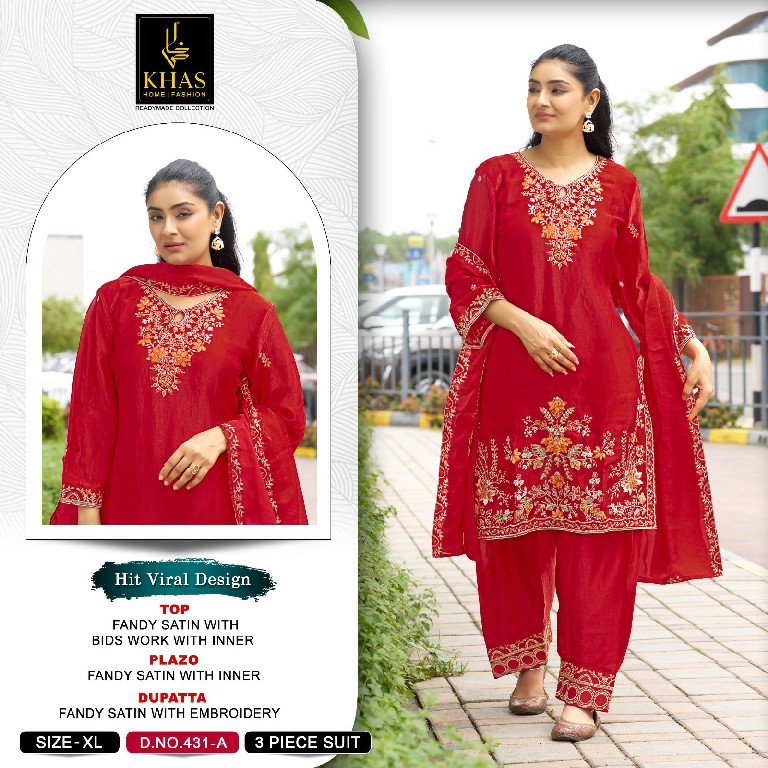 KHAS D.NO 431 WHOLESALE FANDY SATIN WITH BEAUTIFUL WORK FULLY STITCHED 3 PCS SUITS SUPPLIER