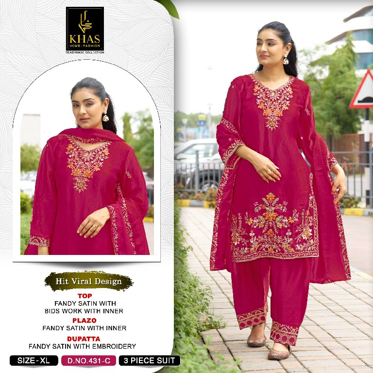 KHAS D.NO 431 WHOLESALE FANDY SATIN WITH BEAUTIFUL WORK FULLY STITCHED 3 PCS SUITS SUPPLIER