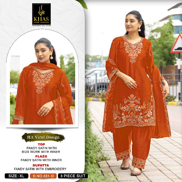 KHAS D.NO 431 WHOLESALE FANDY SATIN WITH BEAUTIFUL WORK FULLY STITCHED 3 PCS SUITS SUPPLIER