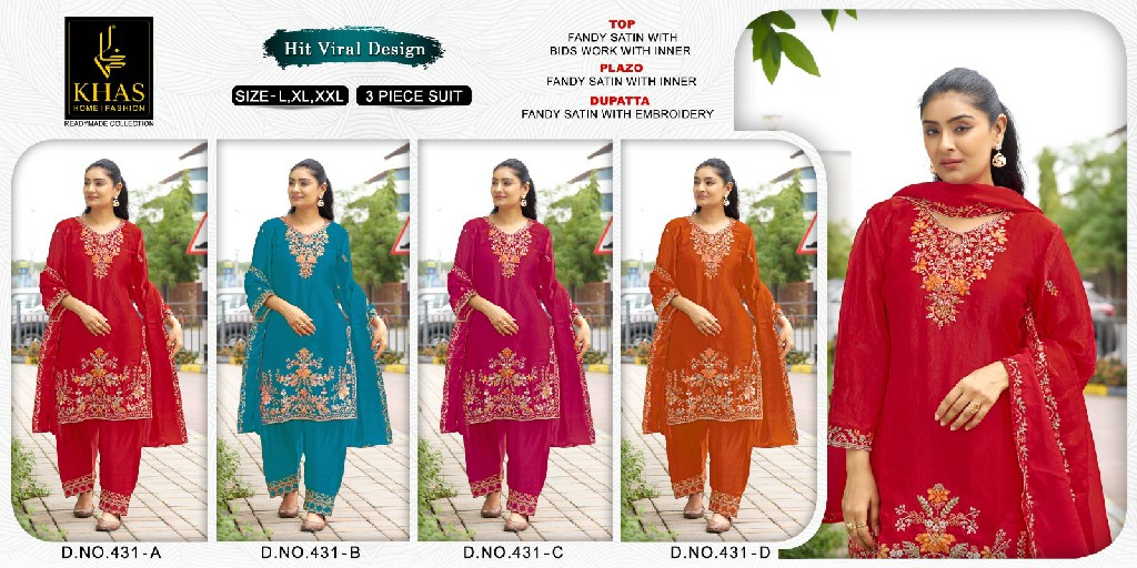 KHAS D.NO 431 WHOLESALE FANDY SATIN WITH BEAUTIFUL WORK FULLY STITCHED 3 PCS SUITS SUPPLIER
