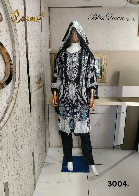 COSMOS BLISS LAWN VOL 3 WHOLESALE READYMADE PURE LAWN EMBROIDERED AMAZING 3 PCS SUITS FOR EXPORT