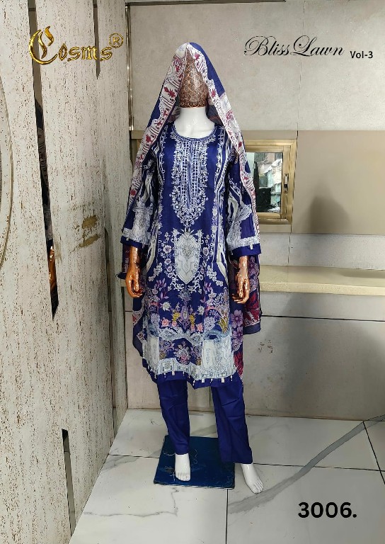 COSMOS BLISS LAWN VOL 3 WHOLESALE READYMADE PURE LAWN EMBROIDERED AMAZING 3 PCS SUITS FOR EXPORT