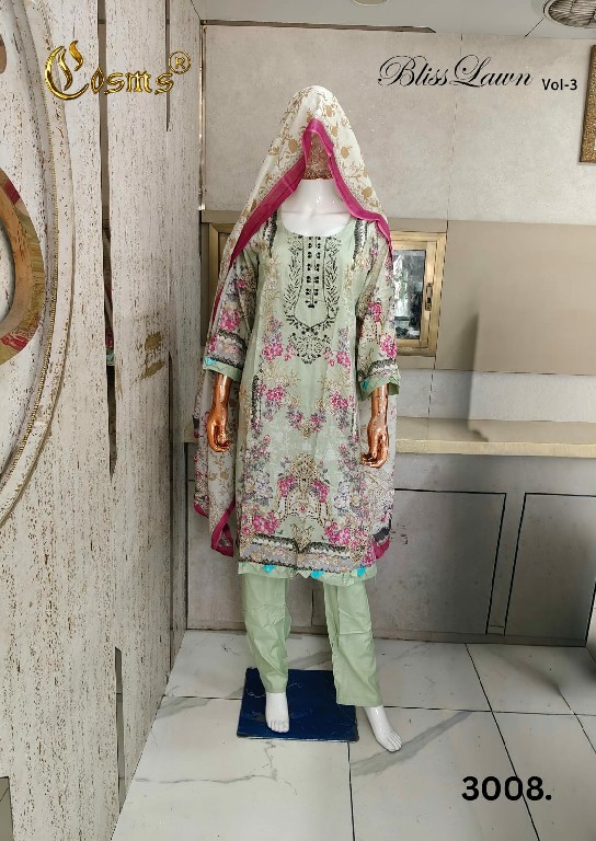 COSMOS BLISS LAWN VOL 3 WHOLESALE READYMADE PURE LAWN EMBROIDERED AMAZING 3 PCS SUITS FOR EXPORT