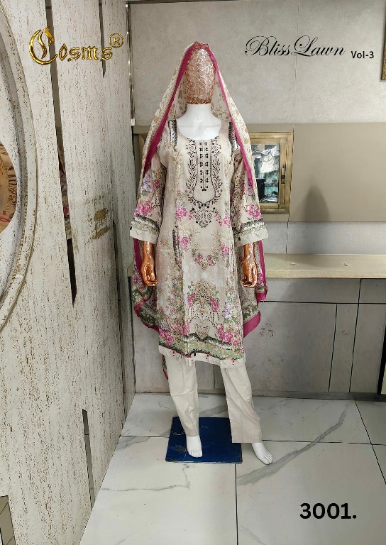COSMOS BLISS LAWN VOL 3 WHOLESALE READYMADE PURE LAWN EMBROIDERED AMAZING 3 PCS SUITS FOR EXPORT