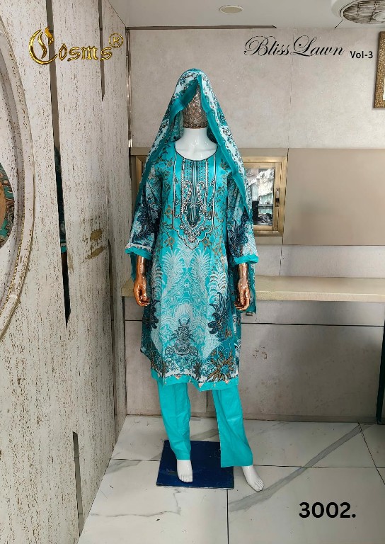 COSMOS BLISS LAWN VOL 3 WHOLESALE READYMADE PURE LAWN EMBROIDERED AMAZING 3 PCS SUITS FOR EXPORT