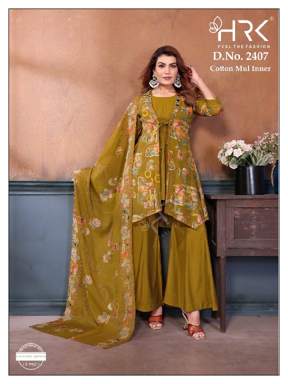 HRK D.NO 2407 WHOLESALE READYMADE MUL CHANDERI SHRUGS PATTERN 3 PCS COMBO SET SUITS EXPORTER