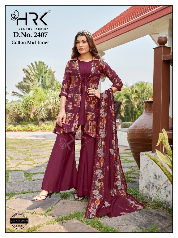 HRK D.NO 2407 WHOLESALE READYMADE MUL CHANDERI SHRUGS PATTERN 3 PCS COMBO SET SUITS EXPORTER