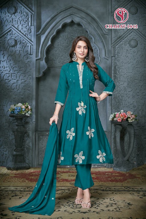 SWEETY FASHION CHAHAT WHOLESALE READYMADE FANCY MUL CHANDERI KALI DESIGN 3 PCS COMBO SET SUITS EXPORTER