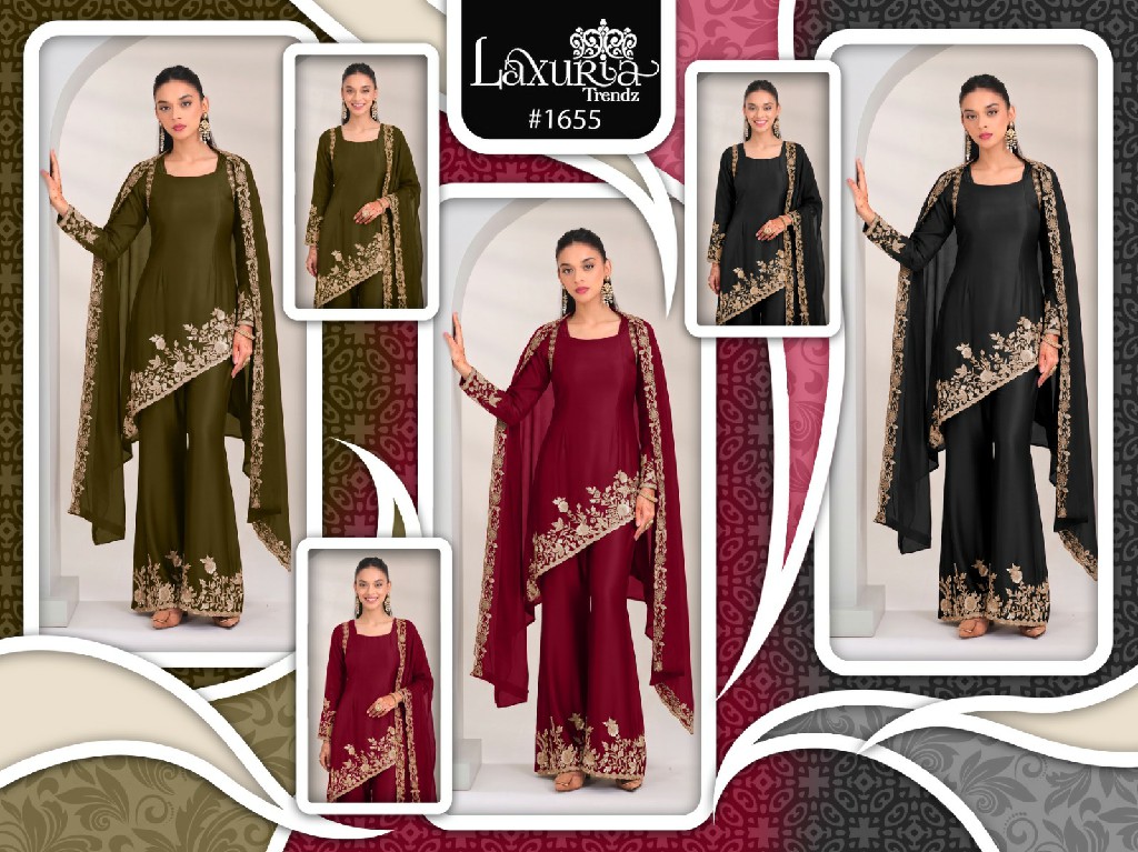 LAXURIA TRENDZ D.NO 1655 WHOLESALE READYMADE IMPORTED SATIN UNIQUE DESIGNER 3 PCS SUITS EXPORTER
