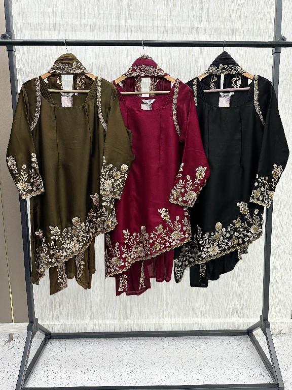 LAXURIA TRENDZ D.NO 1655 WHOLESALE READYMADE IMPORTED SATIN UNIQUE DESIGNER 3 PCS SUITS EXPORTER