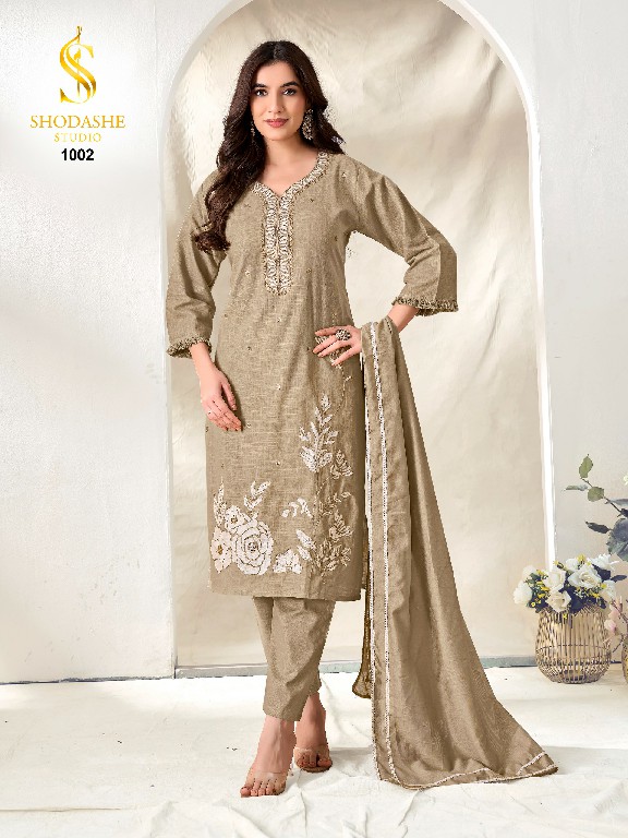 SHODASHE MENAKA WHOLESALE READYMADE LINEN COTTON DELICATE WORK 3 PCS SUITS EXPORTER