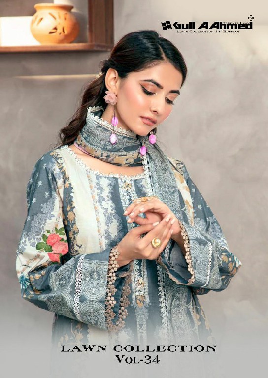GULL AAHMED LAWN COLLECTION VOL 34 WHOLESALE PURE CAMBRIC PAKISTANI FULL STITCHED 3 PCS SUITS EXPORTER