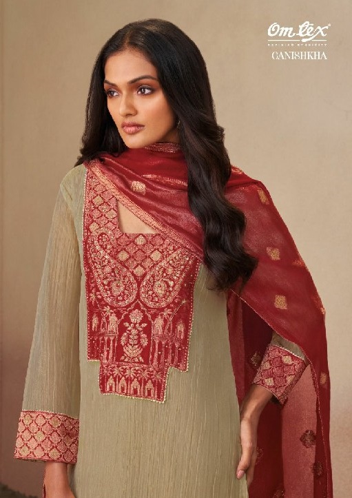 OMTEX GANISHKHA WHOLESALE SHIMMER CRUSH WOVEN JACQUARD UNSTITCH SALWAR SUITS EXPORTER