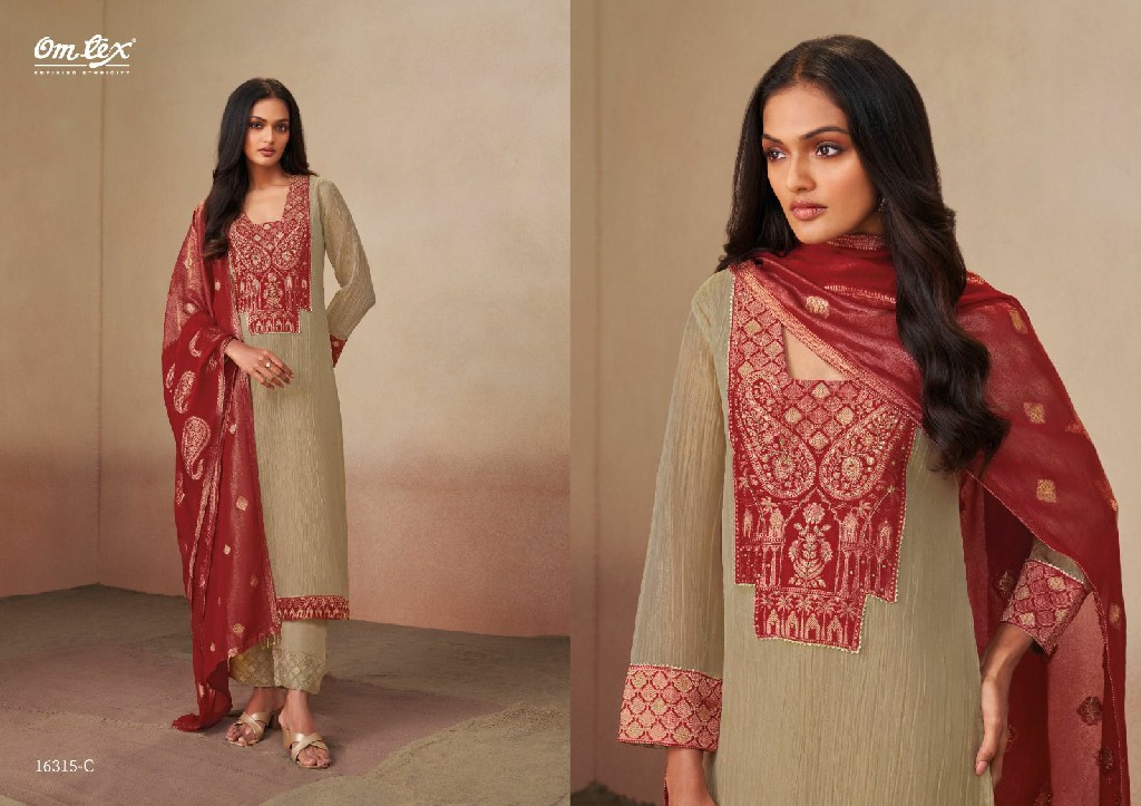 OMTEX GANISHKHA WHOLESALE SHIMMER CRUSH WOVEN JACQUARD UNSTITCH SALWAR SUITS EXPORTER