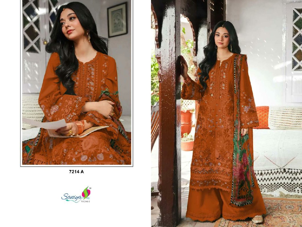 SANIYA TRENDZ D.NO 7214 WHOLESALE COTTON CHIKANKARI EMBROIDERED UNSTITCH SALWAR SUITS EXPORTER
