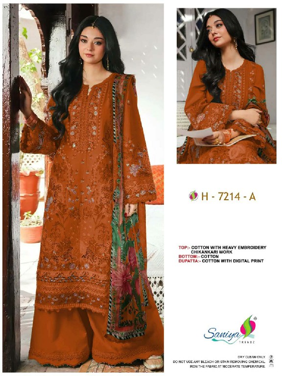 SANIYA TRENDZ D.NO 7214 WHOLESALE COTTON CHIKANKARI EMBROIDERED UNSTITCH SALWAR SUITS EXPORTER