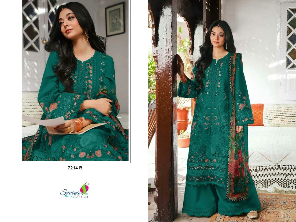 SANIYA TRENDZ D.NO 7214 WHOLESALE COTTON CHIKANKARI EMBROIDERED UNSTITCH SALWAR SUITS EXPORTER