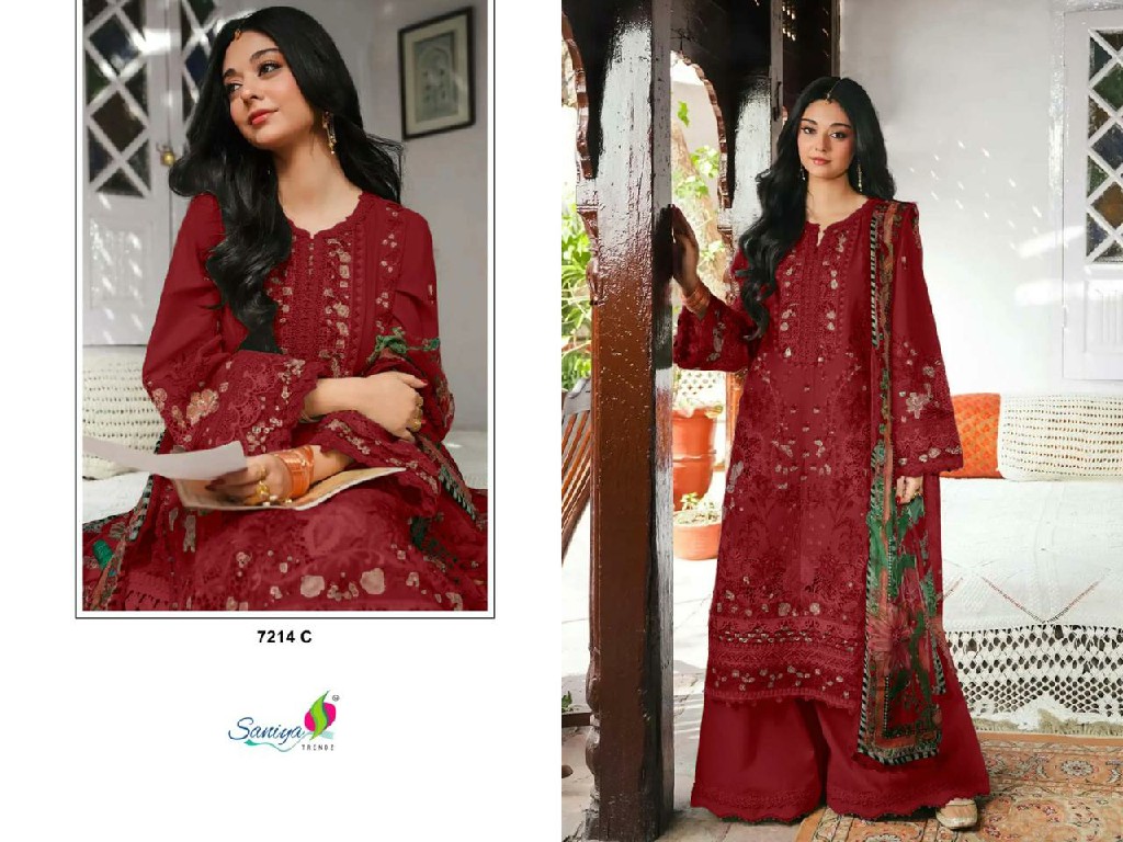 SANIYA TRENDZ D.NO 7214 WHOLESALE COTTON CHIKANKARI EMBROIDERED UNSTITCH SALWAR SUITS EXPORTER